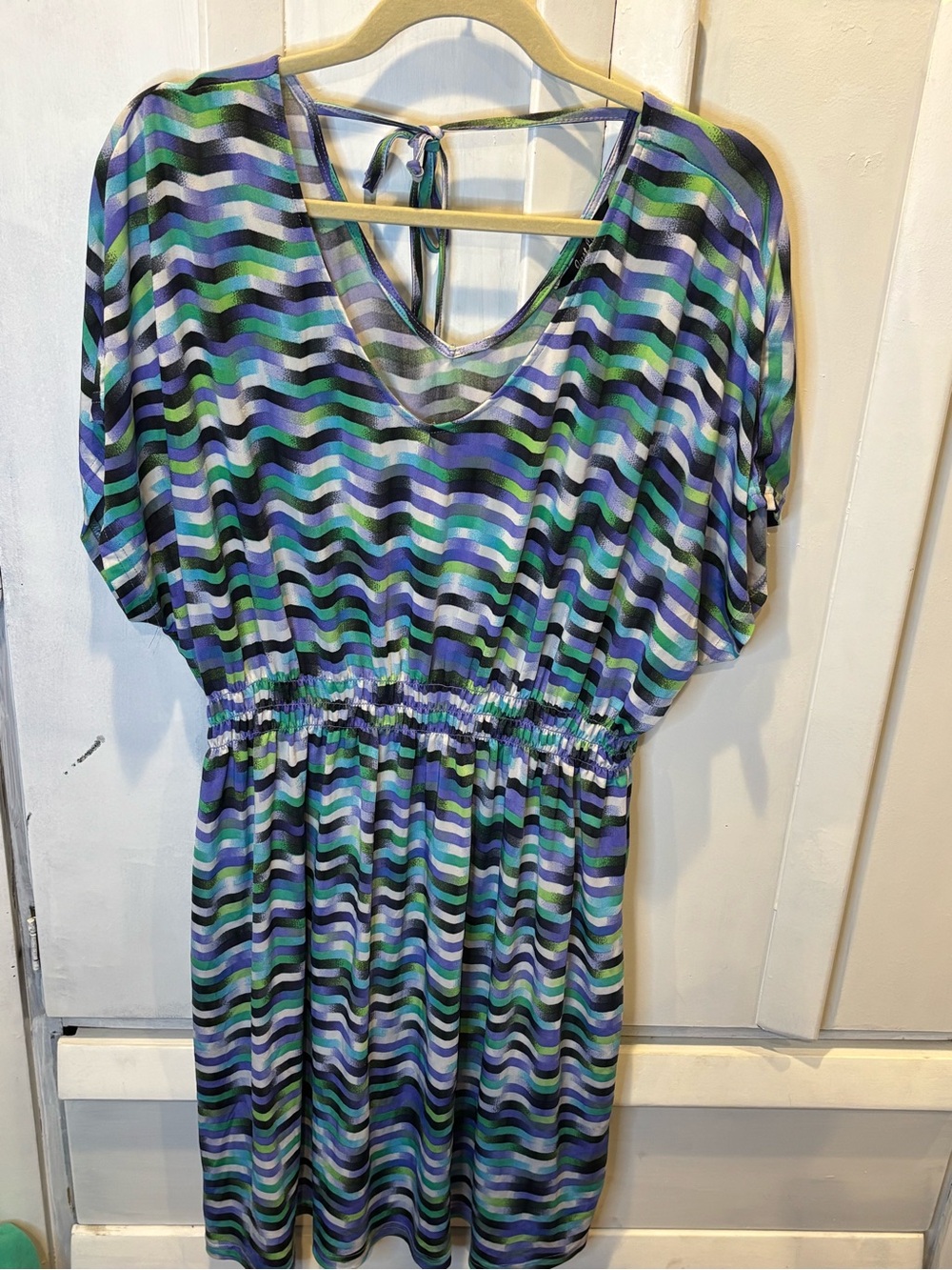 Just Love Wave-Print V-Neck Midi Dress in Blue, Green & Purple